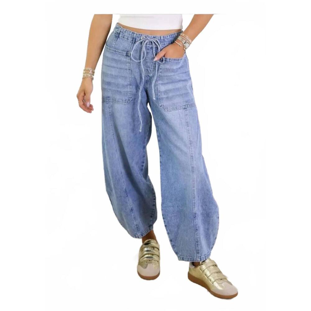 NEW SWEETKAMA elastic waist string tie pocket denim pants in light blue